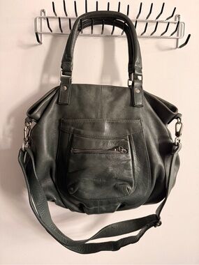 Nat & Nin Dark Green Leather Shoulder Bag with Front Zip Pocket